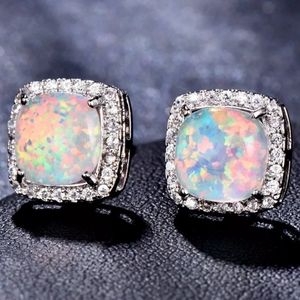 NEW WHITE GOLD WHITE OPAL HALO STUD EARRINGS